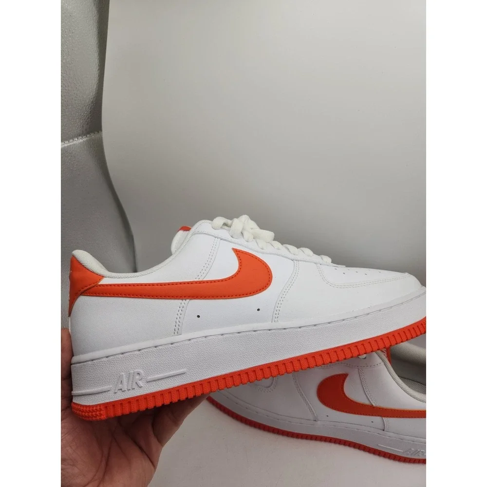 Nike Air Force 1 Low Top Men's Sneaker White/Orange Leather Lace-Up Rubber 9 1/2